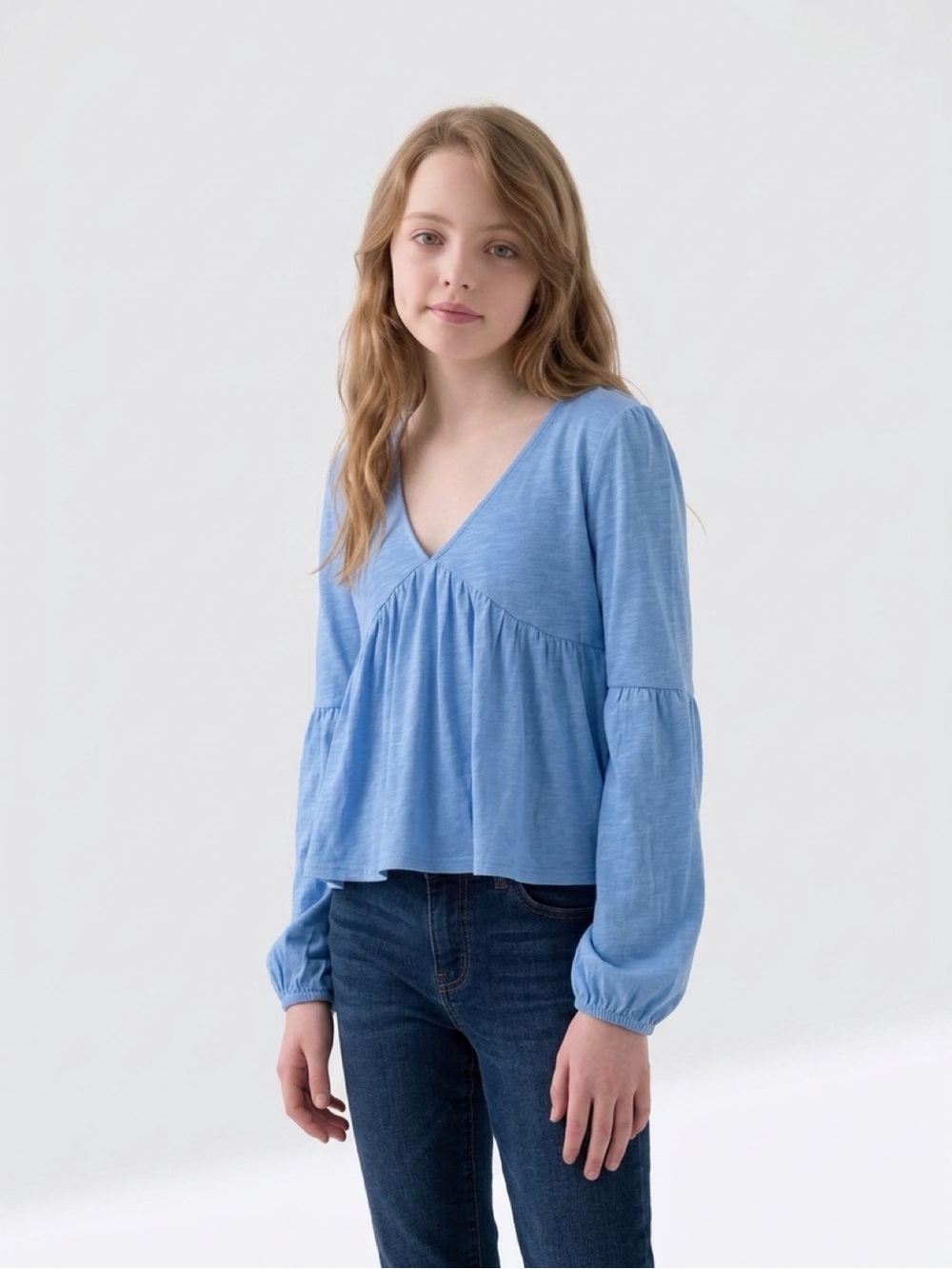 Forever 21 Light Blue V-Neck Peplum Long Sleeve Top